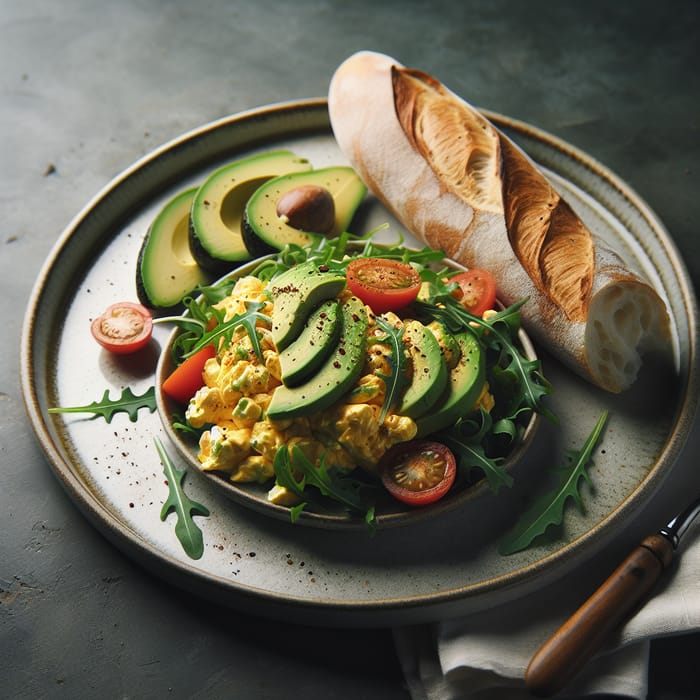 Delicate Scrambled Eggs with Avocado, Arugula & Tomatoes