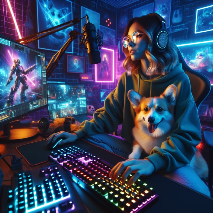 Caucasian Female Streamer in Cyberpunk Style with White Corgi