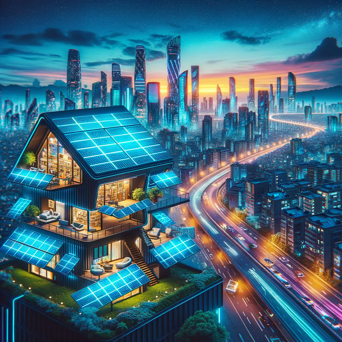 Cyberpunk-Inspired Eco-Friendly House with Solar Panels | High Contrast Cityscape