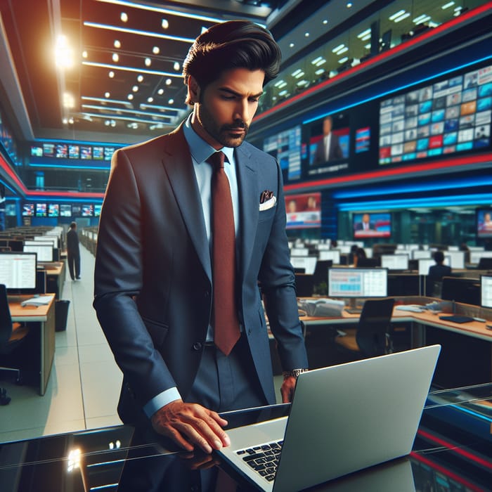 South Asian Businessman in Vibrant Newsroom Scene