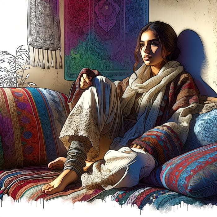 Dreamy Bohemian Woman in Cozy Corner - Vibrant Digital Art