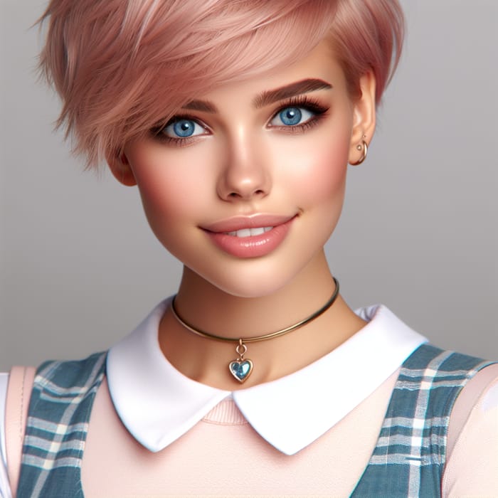 Preppy Style Girl with Short Pink Hair & Blue Eyes