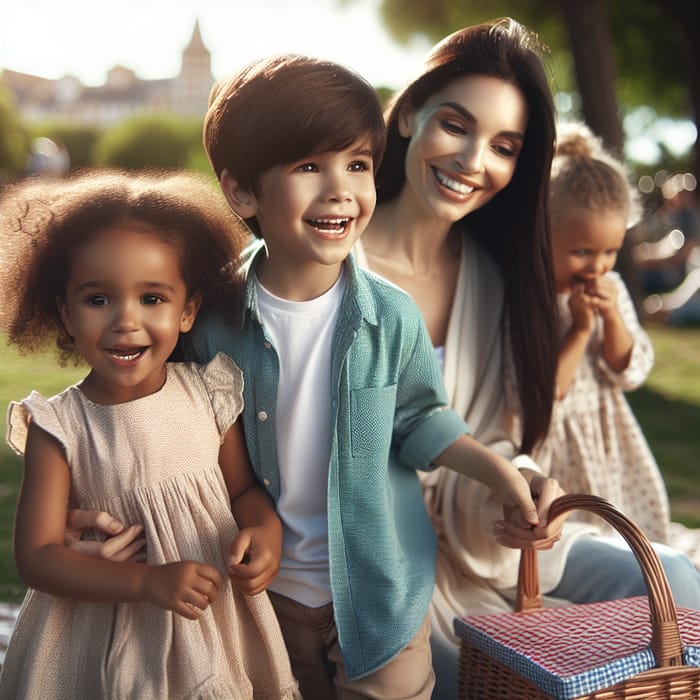 Heartwarming Image of Diverse Mother and Children at the Park