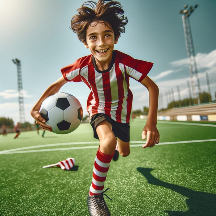 Young Middle-Eastern Boy Playing Soccer on Bright Green Field