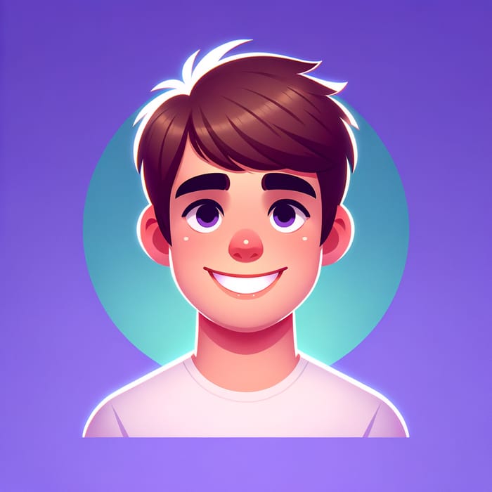 Cartoon Caucasian Man Smiling on Purple Background with Raised Bangs