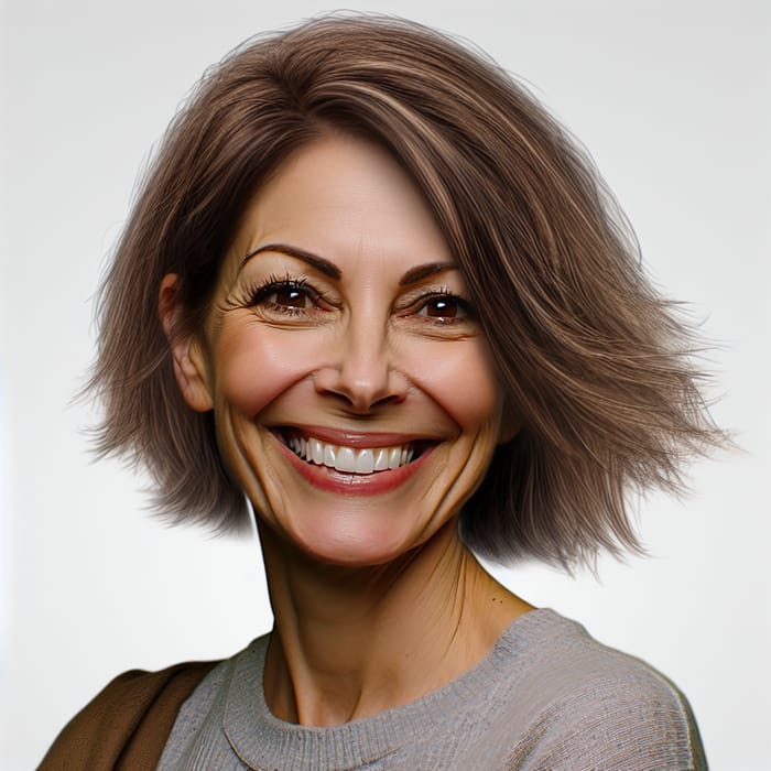 Stylish Middle-Aged Woman with Brown Hair and Contagious Smile