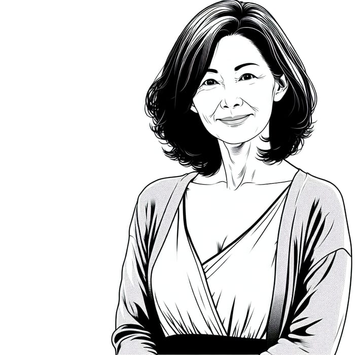 Black and White Drawing of a Smiling Asian Woman