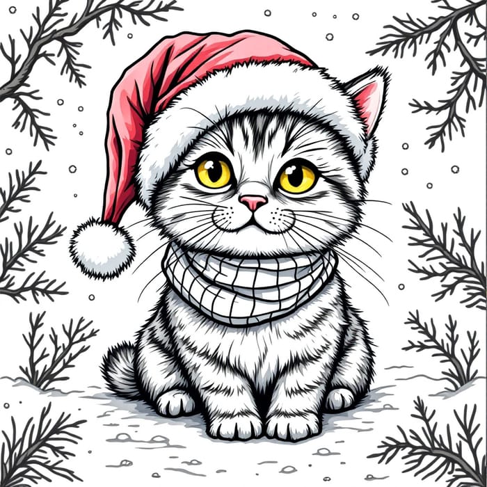 Winter Holiday Cat Coloring Page for Kids