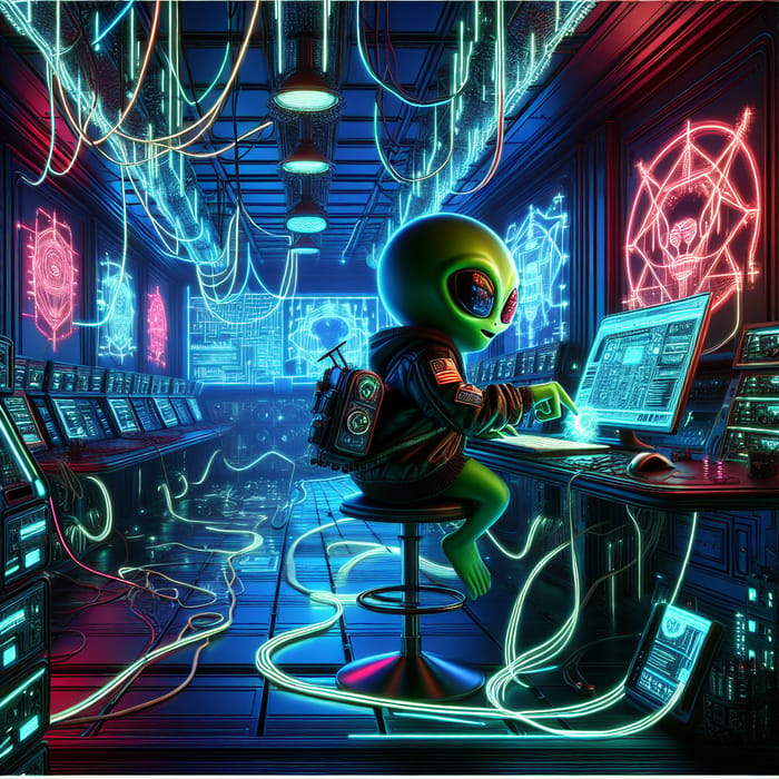 Neon Cyberpunk Yoda Hacking Room | Futuristic Digital Art