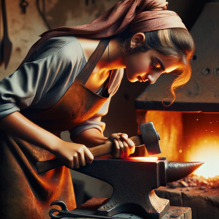 Beautiful Girl Blacksmith Forging Ax | Fire-lit Forge Scene