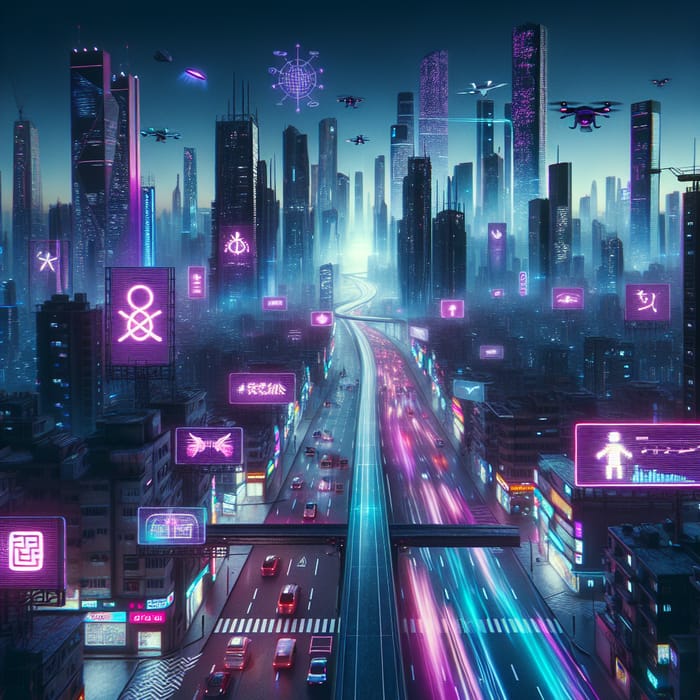 Cyberpunk Urban Cityscape: Neon Haze & Drones