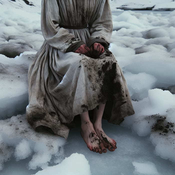 Woman in Dirty Dress Sits on Snow | Winter Scene