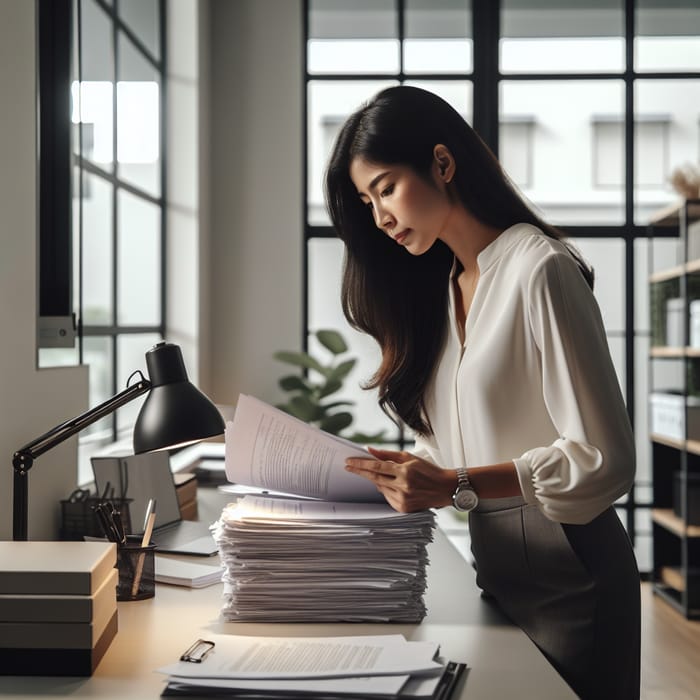 South Asian Woman Examining Document in Office Environment