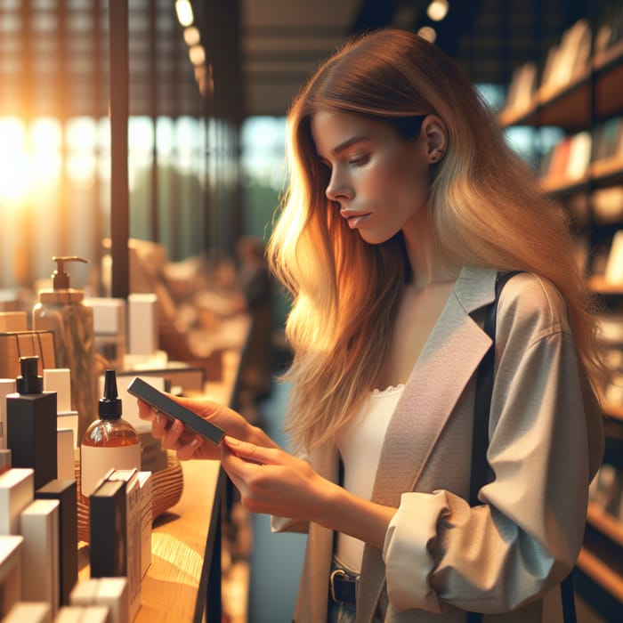 Blonde Woman Examining Merchandise in Modern Store