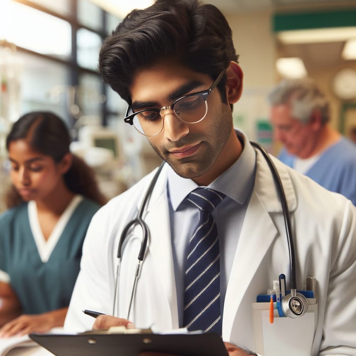 Dedicated Doctor Reviewing Medical Charts in a Bright Hospital Environment