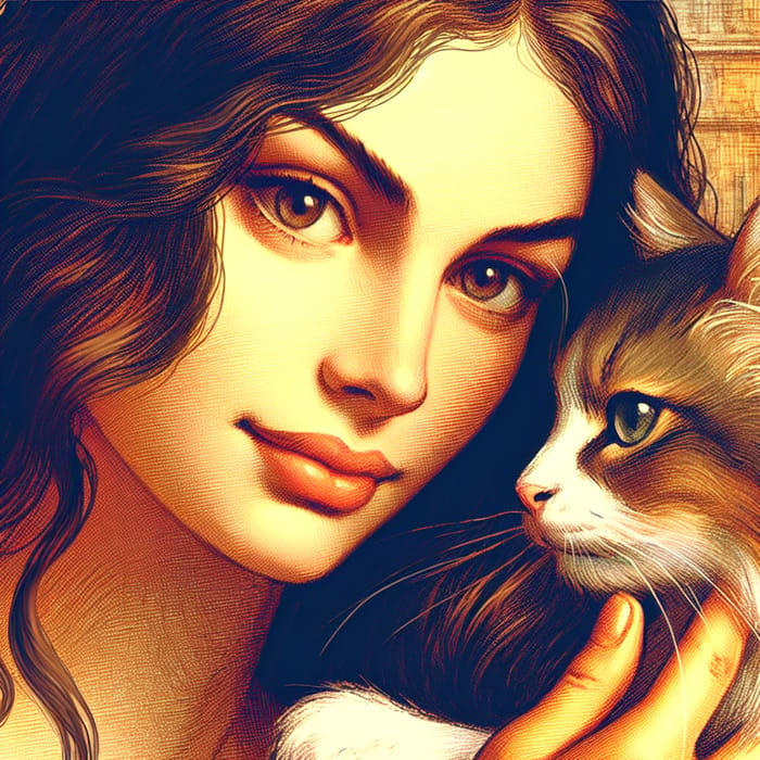 Romantic Portrait of Gina Valentina Kissing a Cat in Vibrant Colors