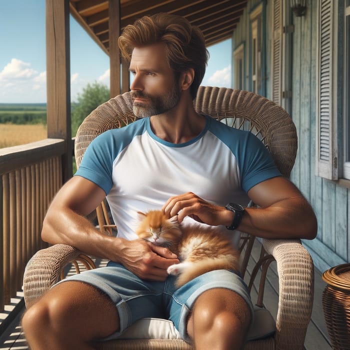 Man with Sleeping Kitten on Wicker Rocking Chair - Summer Countryside Scene