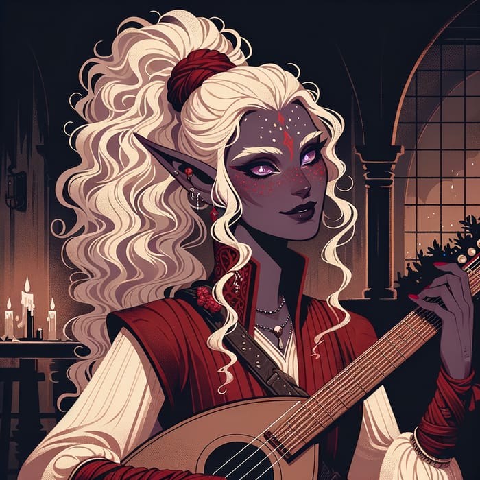 Mischievous Tiefling Musician Entertaining in Rogue Attire