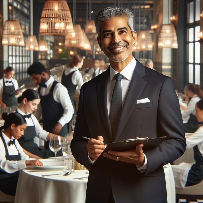 Food Service Manager Directing Multicultural Team in Fine Dining Setting