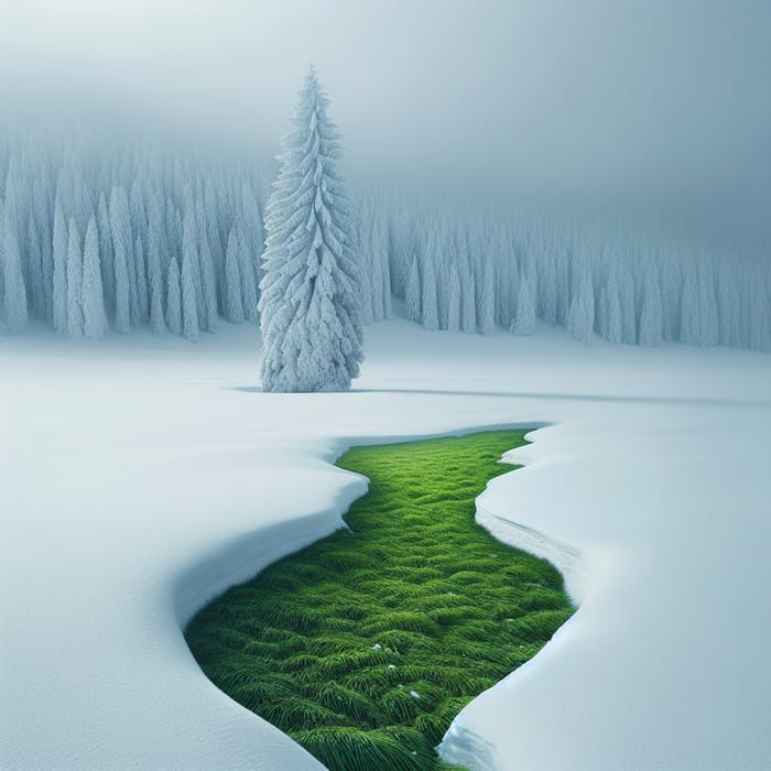 Snowy Field with Spruce Tree and Joyful Snow Atmosphere