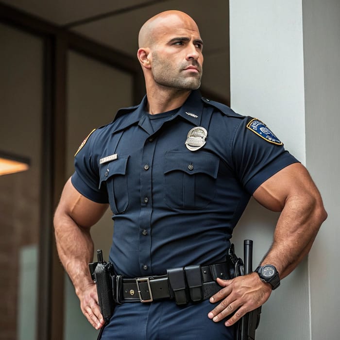 Bald Muscly Clean-Shaven Police Officer