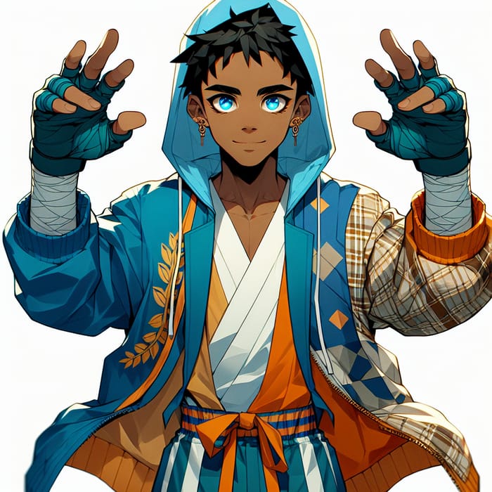 African-American Teenage Prince: Anime Street Fighter in Blue, Orange & Gold