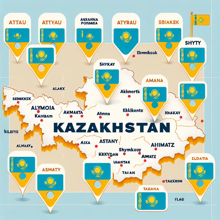 Map of Kazakhstan with Key Cities: Aktau, Atyrau, Uralsk & More