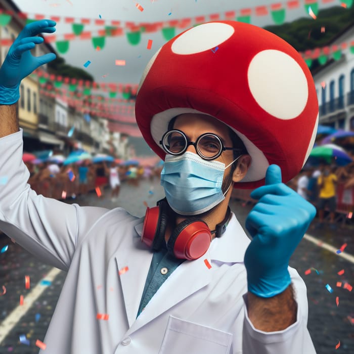 Man Dancing with Red Mushroom Hair at Brazilian Carnival