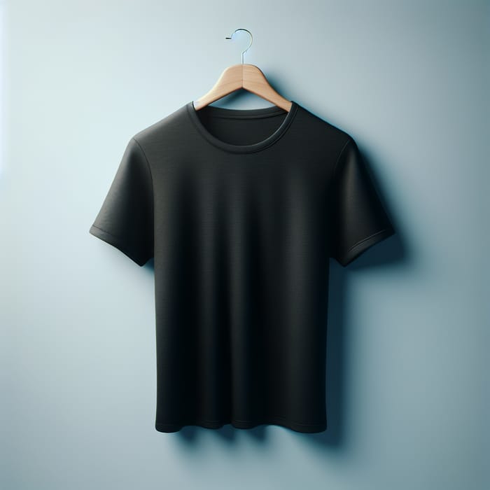 Minimalistic Black Tee on Wooden Hanger | Soft Blue Background