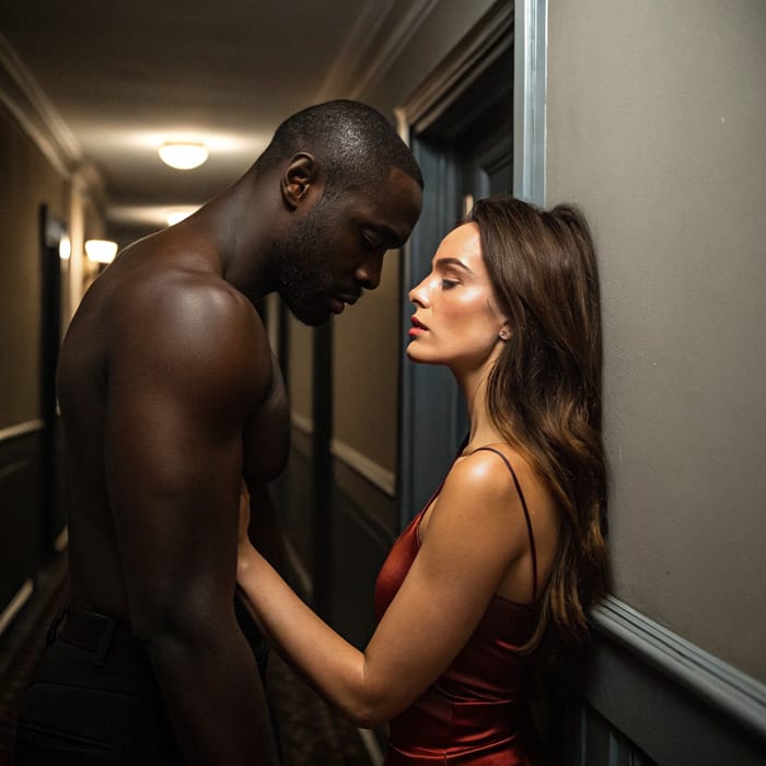 Intense Cinematic Romance in a Dark Townhouse Hallway