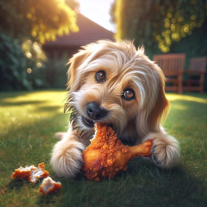 Playful Dog Enjoying Fried Chicken in Backyard