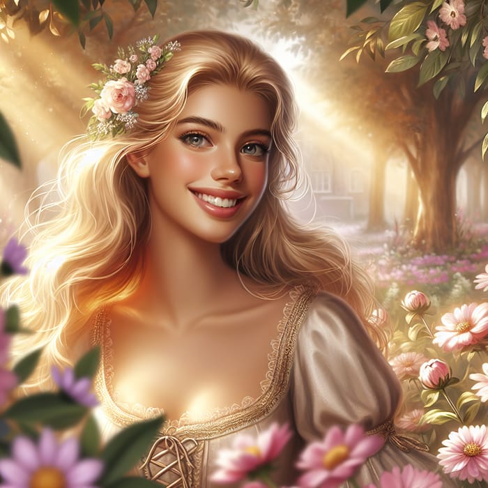 Enchanting Garden with Smiling Blonde Princess