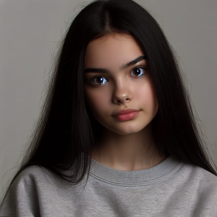 19-Year-Old Girl with Long Black Hair, Big Gray Eyes, and Full Lips in Oversized Solid Sweatshirt