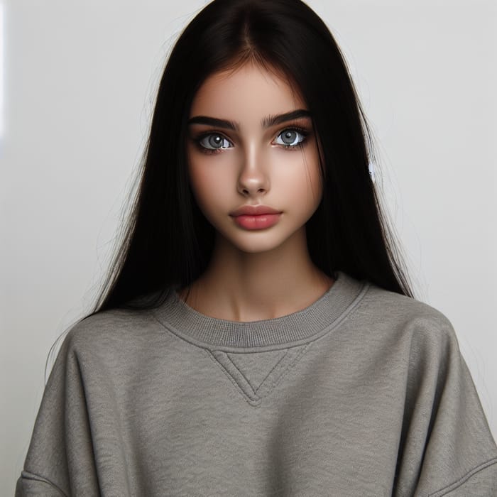 19-Year-Old Girl with Long Black Hair, Gray Eyes, and Oversized Plain Sweatshirt