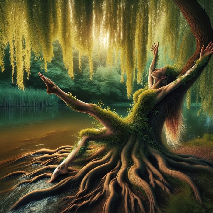 Ethereal Metamorphosis: Woman-Willow Tree Fusion | Nature Art