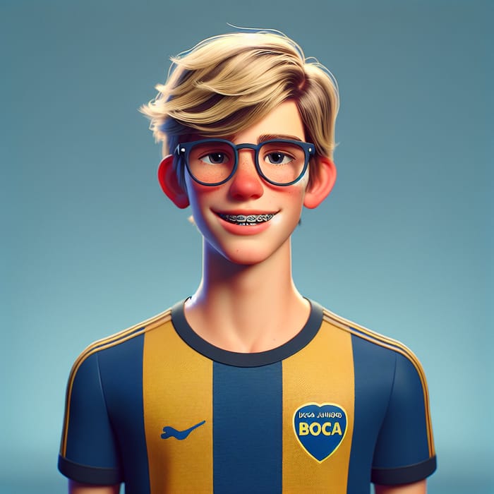 Tall Teenage Boy with Blonde Hair, Glasses and Braces in Boca Juniors Shirt