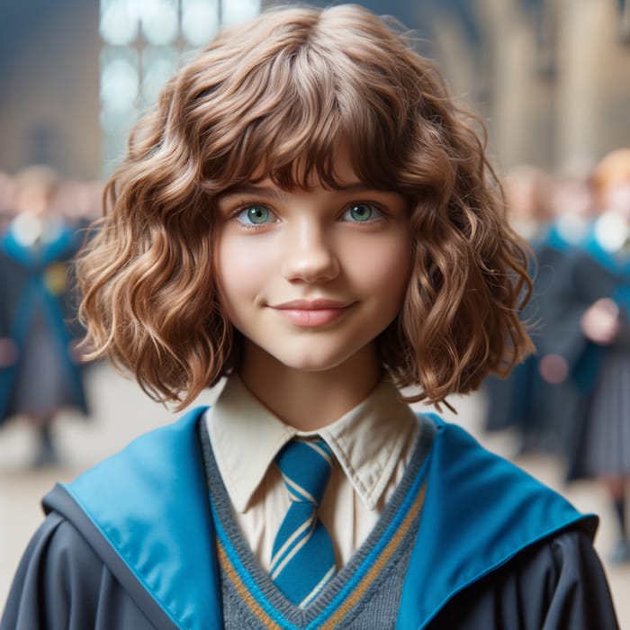 12-Year-Old Caucasian Girl with Chestnut Curly Hair at Hogwarts