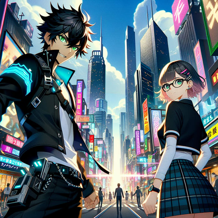 Exciting Anime Adventure in a Vibrant Cityscape