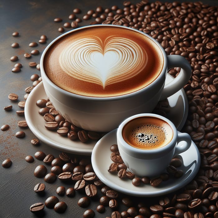 Artistic Cappuccino & Espresso Cups on Wooden Table with Coffee Beans