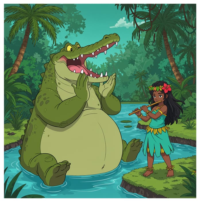 Friendly Green Giant Crocodile & Anime Island Girl Friendly Green Giant Crocodile & Anime Island Girl