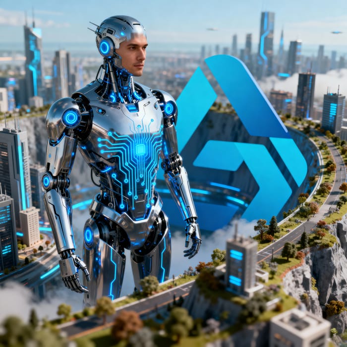 Hyper-Realistic Male Robot in Futuristic Cityscape Hyper-Realistic Male Robot in Futuristic Cityscape