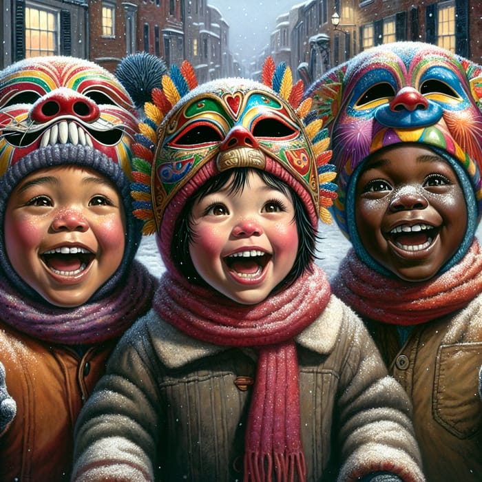 Winter Street Fun: Kids in Carnival Masks Singing Carols