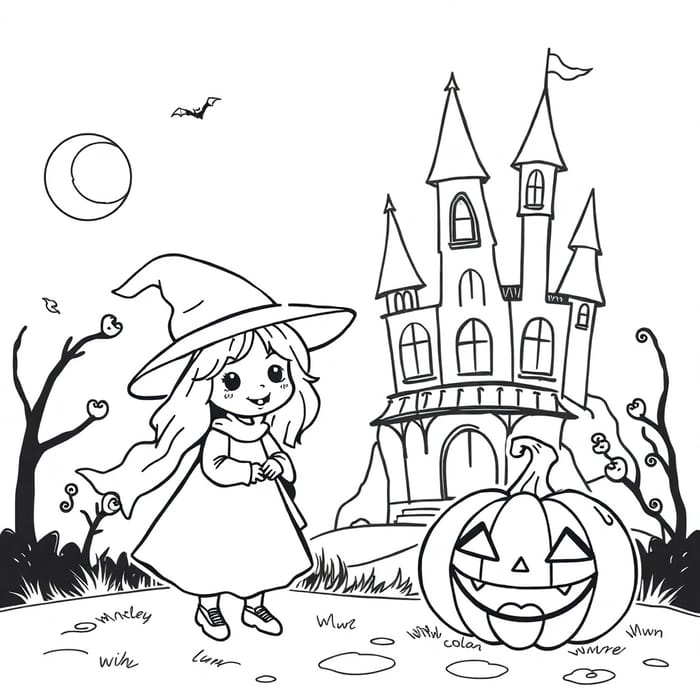 Kawaii Witch & Pumpkin Coloring Page for Halloween