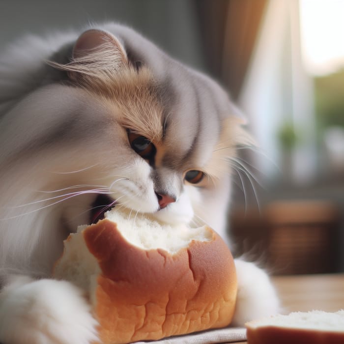 Cute Cat Enjoying Bread - Adorable Feline Snacking Scene