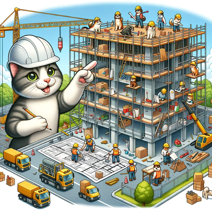 5-Story Building Construction Scene with Cat Supervisor and Dog Crew