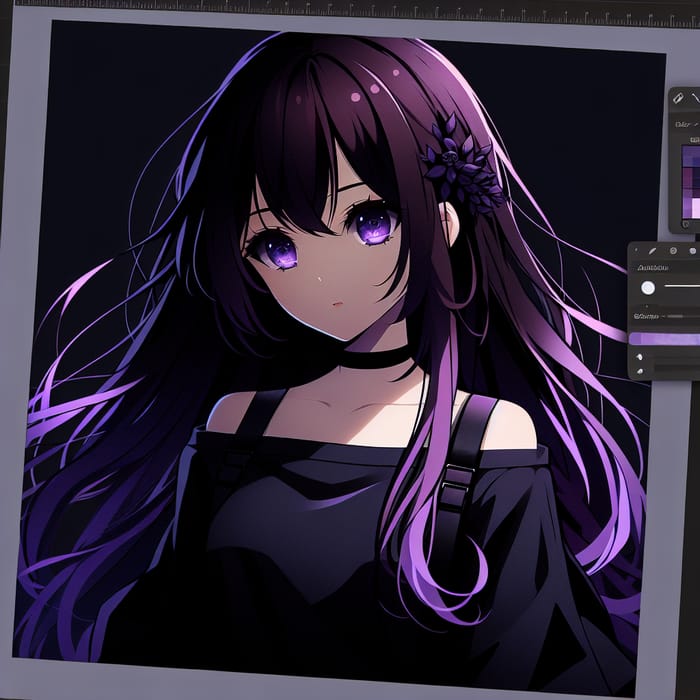 Dark Purple Hair Anime Girl on Mysterious Dark Background