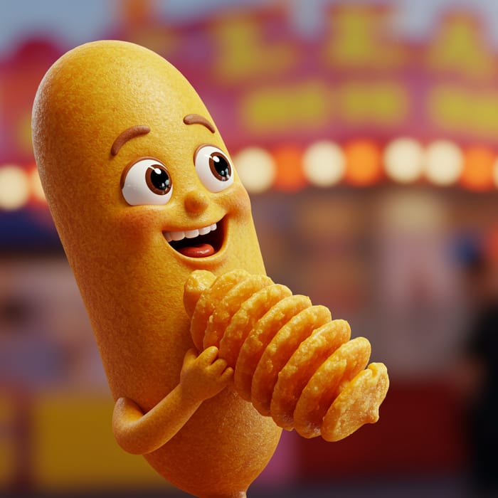 Corndog Character Enjoying Twisted Potato