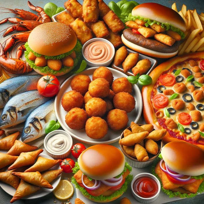 Delicious Fish Balls, Samosas, Burgers & Pizza