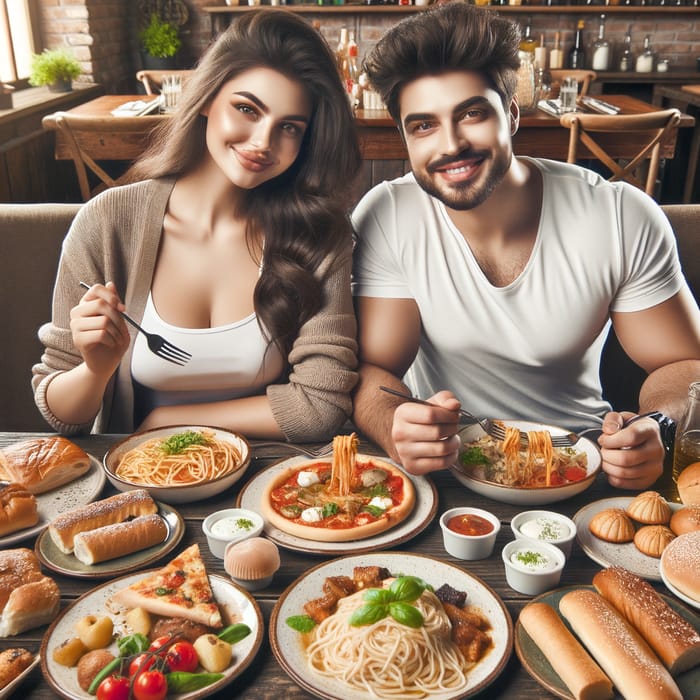 Italian Feast with Young Beautiful Couple - Pasta, Bread, Pizza