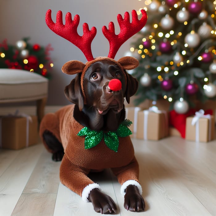 Festive Chocolate Labrador as Christmas Reindeer Costume